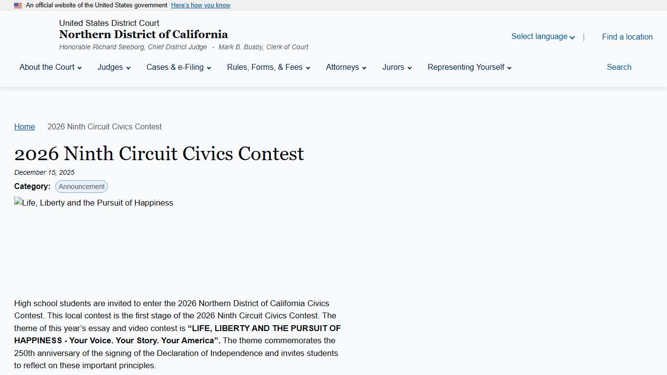 2026 Ninth Circuit Civics Contest Northern District of California United States District Court